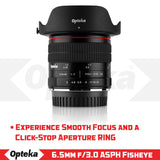 Opteka 6.5mm f/3.0 Ultra Wide Angle Manual Focus Aspherical Fisheye Lens for Canon EOS 80D, 77D, 70D, 60D, 50D, 7D, Rebel T7i, T7s, T6s, T6i, T6, T5i, T5, T4i, T3i, T3, T2i and SL2 DSLR Cameras